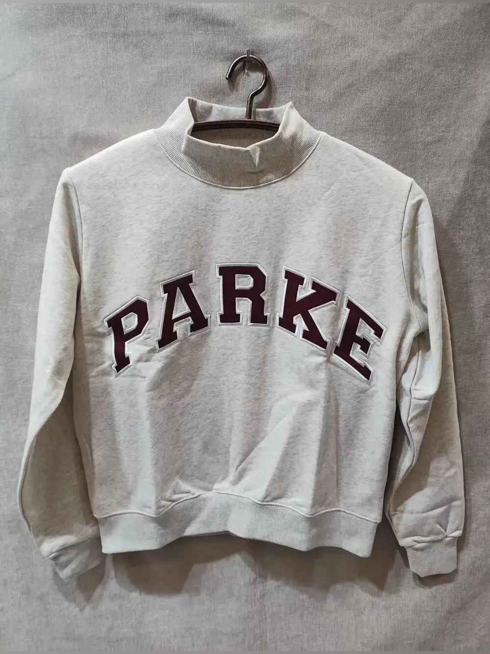 PARKE Heather Grey Mock Neck Sweatshirt Burgundy Arch Letter Patch Pullover